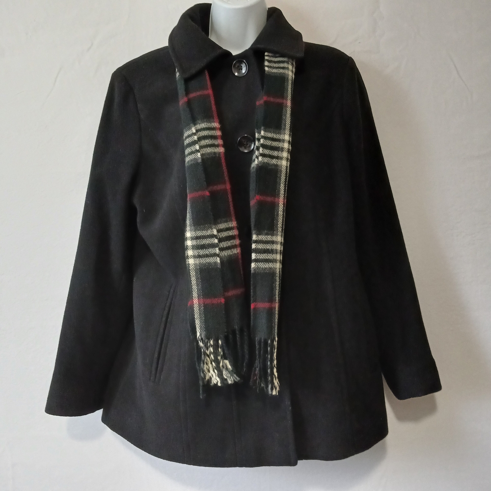 London Fog Black Pea Coat with Plaid Scarf Wool Blend Sz L Winter Preppy Classic